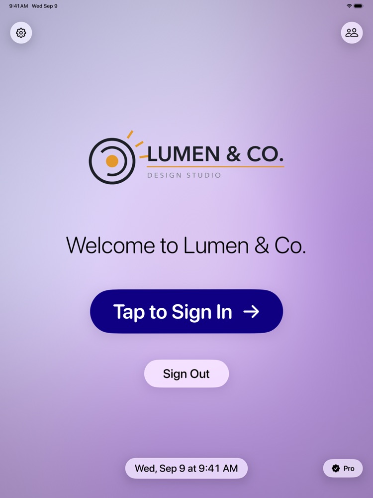 Welcome screen with the Lumen & Co. logo on a purple theme